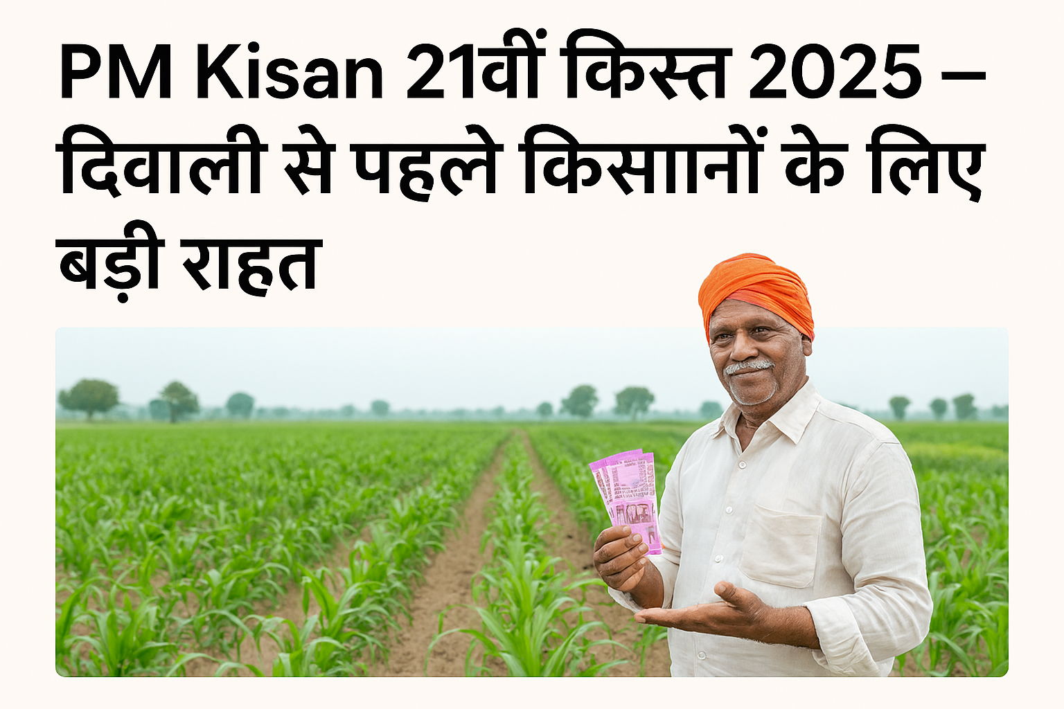 Illustration showing happy Indian farmers receiving PM Kisan 21st installment before Diwali 2025.