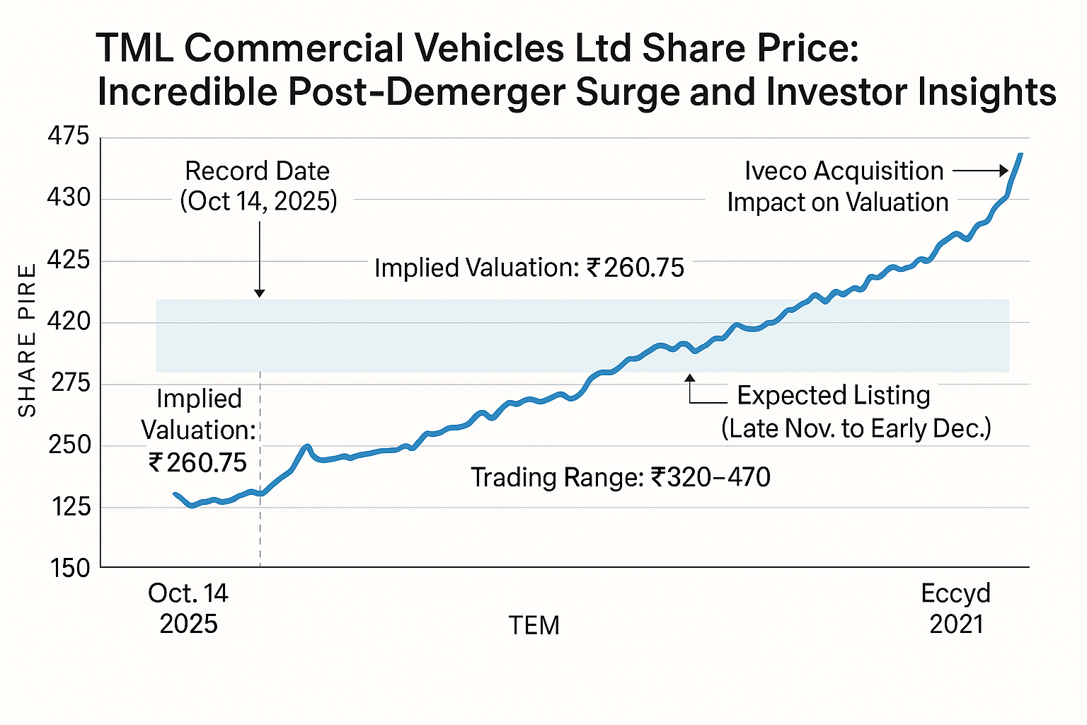 Graph showing TML Commercial Vehicles Ltd share price surge after demerger, highlighting key dates and investor sentiment.