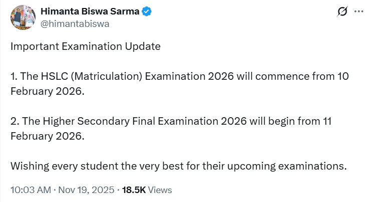 Assam Board 2026 exam dates for HSLC Class 10 and HS Class 12 announced, showing February exam schedule details.