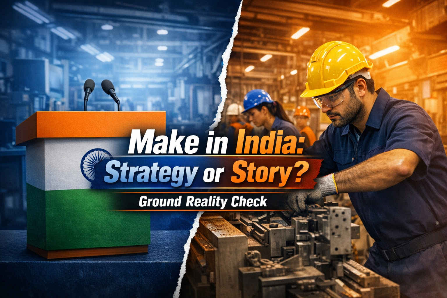 Make in India लोगो के साथ औद्योगिक इकाइयों और निर्माण संयंत्र का दृश्य
