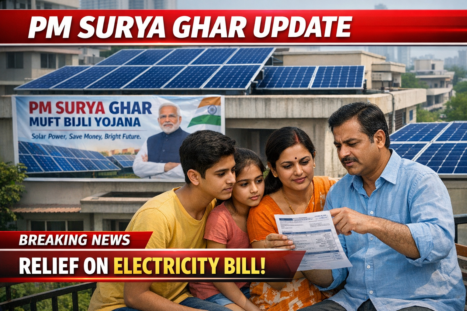 घर की छत पर सोलर पैनल लगवाते परिवार, सरकारी योजना का पोस्टर पृष्ठभूमि में