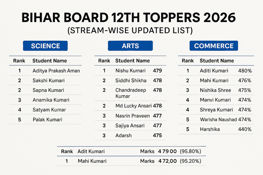 Bihar Board 12th Toppers 2026 stream wise Arts Science Commerce topper list