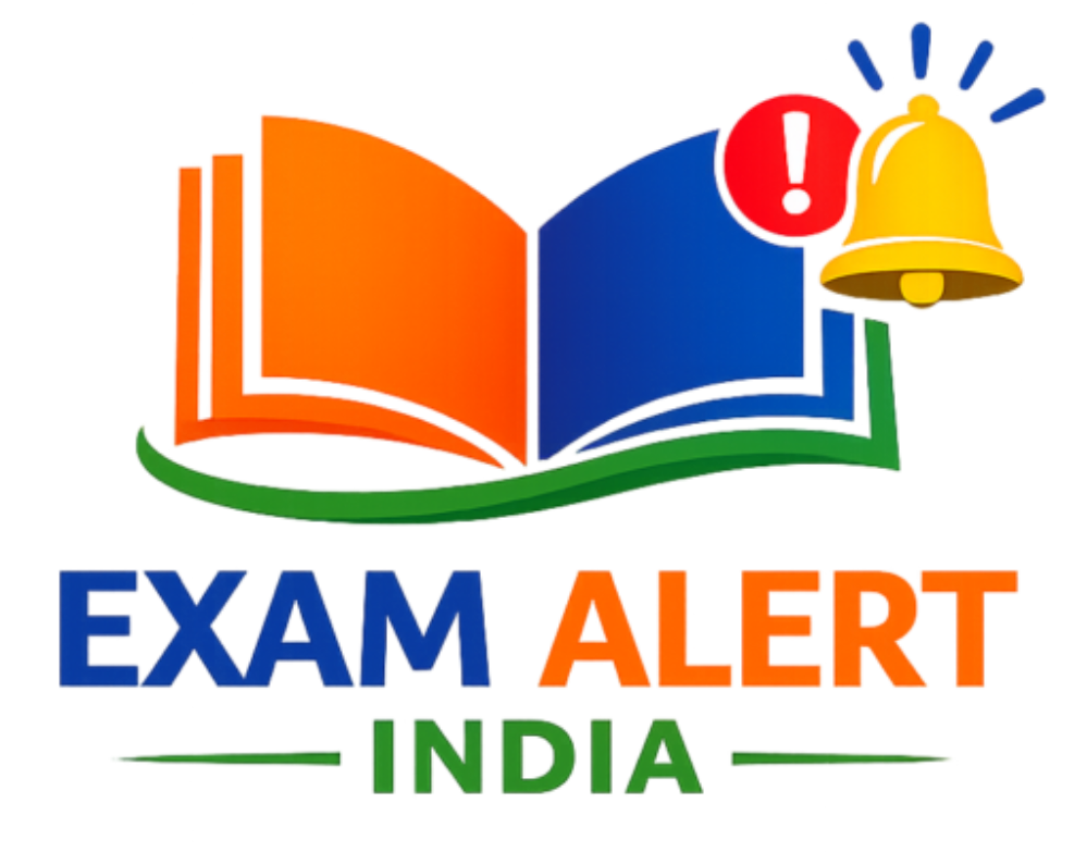 Logo of Exam Alert India featuring an open book, alert icons, and bold text in blue, orange, and green.