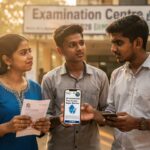 ndian engineering aspirants outside a government exam centre after JEE Advanced 2026, discussing Paper 1 and 2 difficulty levels. One student holds the question paper, another checks a phone showing ‘JEE Advanced 2026 Paper Analysis – Expected Cutoff & Student Reactions’. Warm morning light, candid DSLR editorial style.