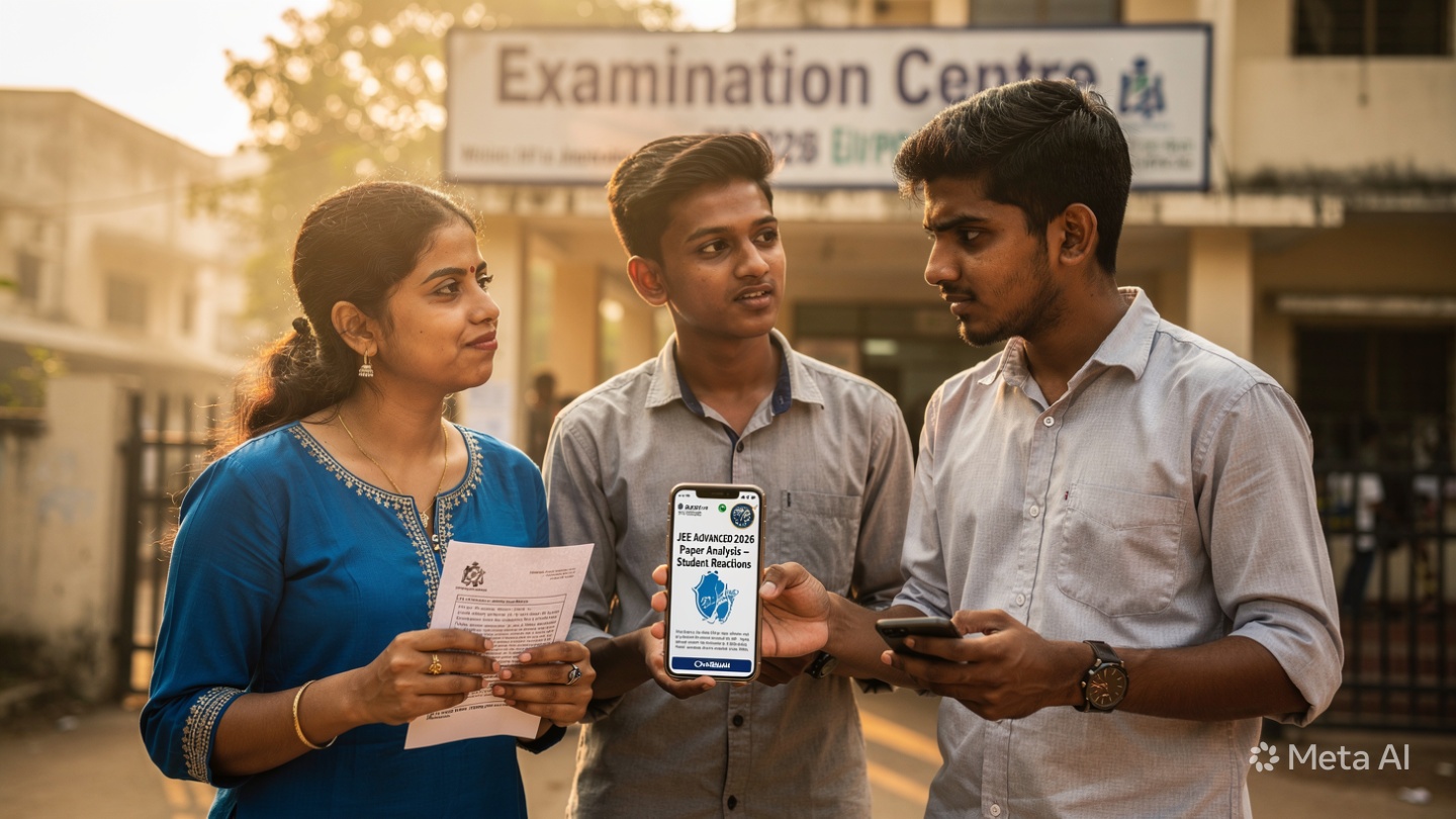 ndian engineering aspirants outside a government exam centre after JEE Advanced 2026, discussing Paper 1 and 2 difficulty levels. One student holds the question paper, another checks a phone showing ‘JEE Advanced 2026 Paper Analysis – Expected Cutoff & Student Reactions’. Warm morning light, candid DSLR editorial style.